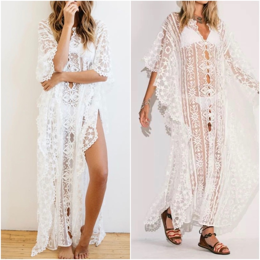Boho White Embroidered Floral Oversized Beach Cover up - Picture 5 of 7